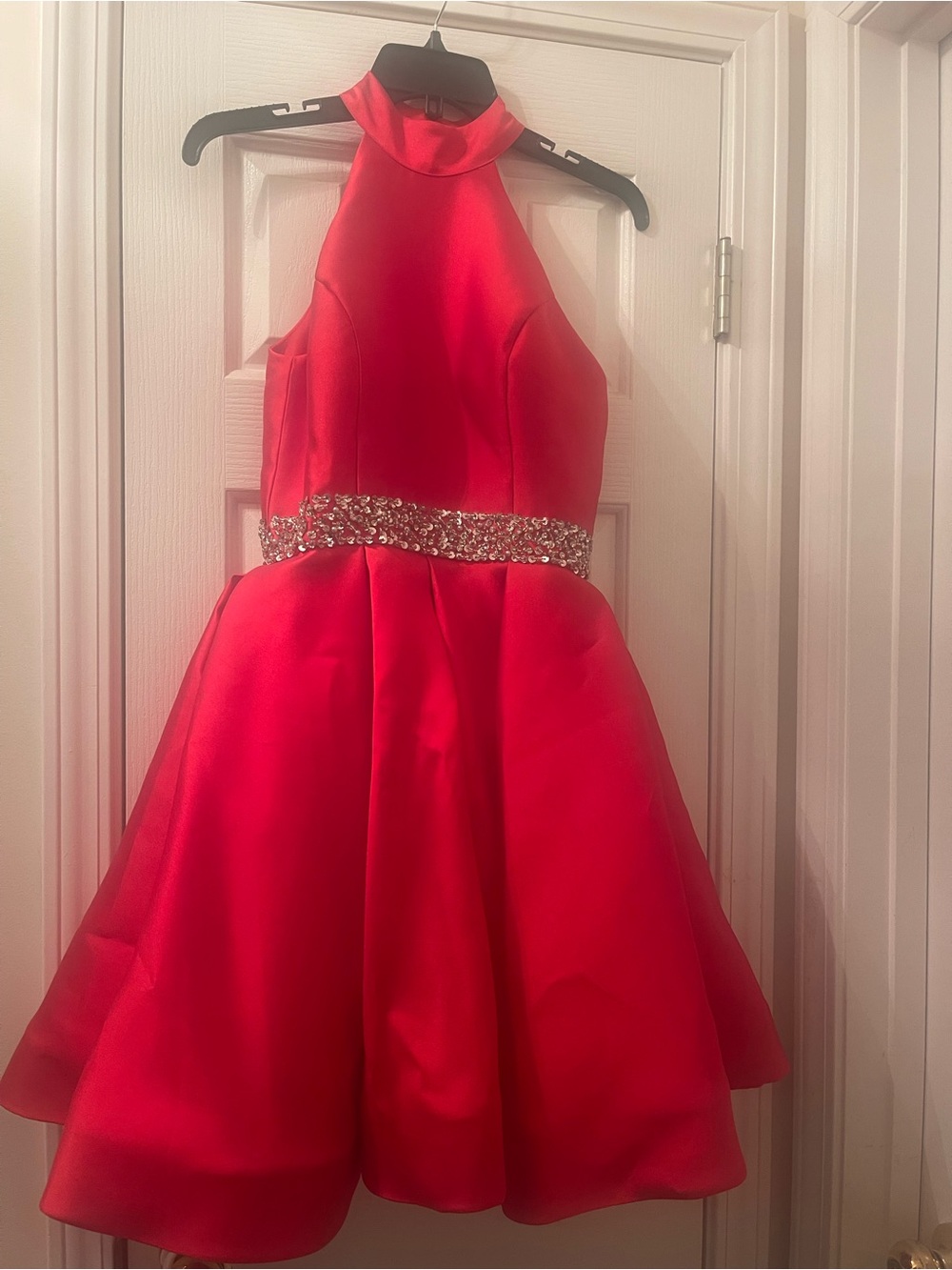 Red Halter Midi Dress with Jeweled Waistband